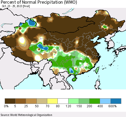 China, Mongolia and Taiwan Percent of Normal Precipitation (WMO) Thematic Map For 10/23/2023 - 10/29/2023