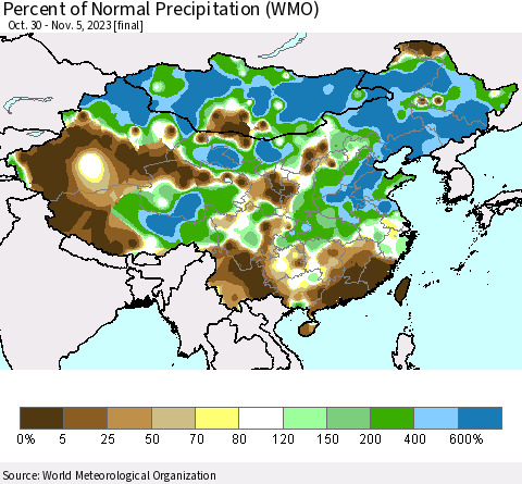 China, Mongolia and Taiwan Percent of Normal Precipitation (WMO) Thematic Map For 10/30/2023 - 11/5/2023