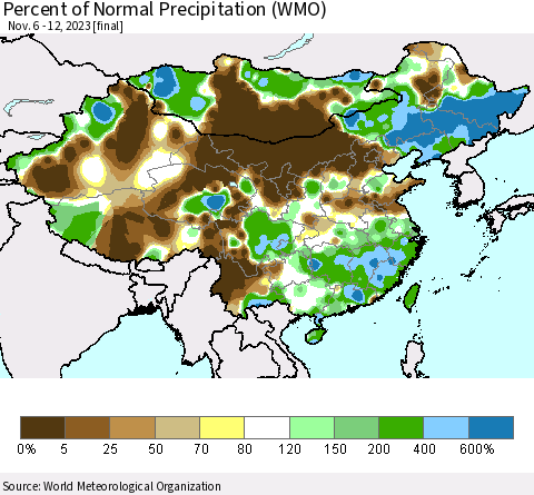 China, Mongolia and Taiwan Percent of Normal Precipitation (WMO) Thematic Map For 11/6/2023 - 11/12/2023