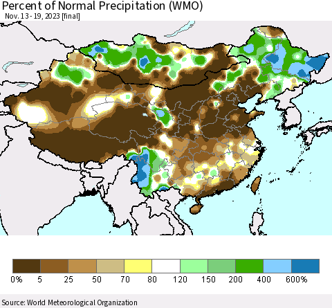 China, Mongolia and Taiwan Percent of Normal Precipitation (WMO) Thematic Map For 11/13/2023 - 11/19/2023