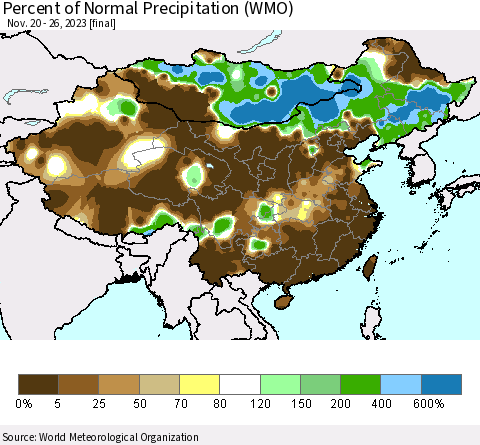 China, Mongolia and Taiwan Percent of Normal Precipitation (WMO) Thematic Map For 11/20/2023 - 11/26/2023