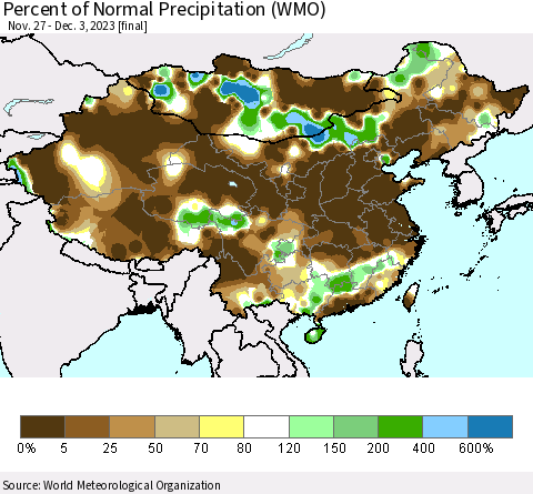 China, Mongolia and Taiwan Percent of Normal Precipitation (WMO) Thematic Map For 11/27/2023 - 12/3/2023