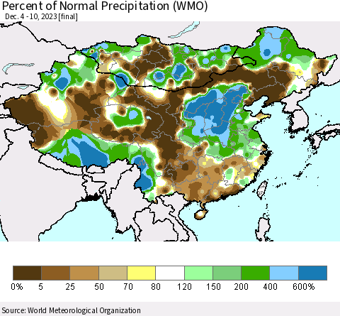 China, Mongolia and Taiwan Percent of Normal Precipitation (WMO) Thematic Map For 12/4/2023 - 12/10/2023