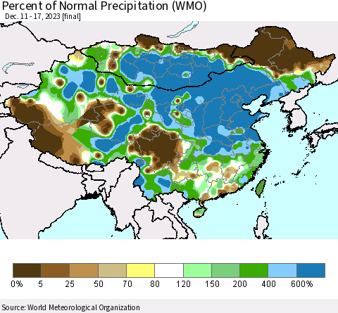 China, Mongolia and Taiwan Percent of Normal Precipitation (WMO) Thematic Map For 12/11/2023 - 12/17/2023