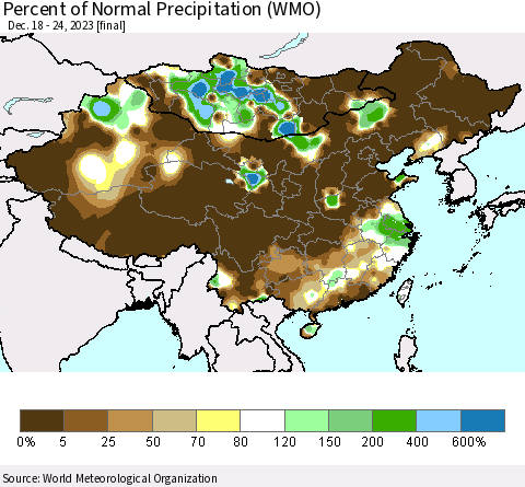 China, Mongolia and Taiwan Percent of Normal Precipitation (WMO) Thematic Map For 12/18/2023 - 12/24/2023
