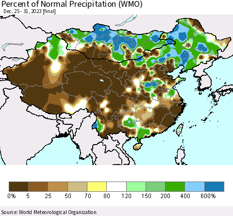 China, Mongolia and Taiwan Percent of Normal Precipitation (WMO) Thematic Map For 12/25/2023 - 12/31/2023