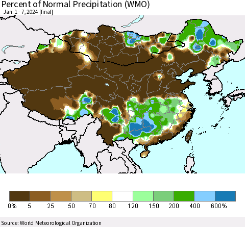 China, Mongolia and Taiwan Percent of Normal Precipitation (WMO) Thematic Map For 1/1/2024 - 1/7/2024