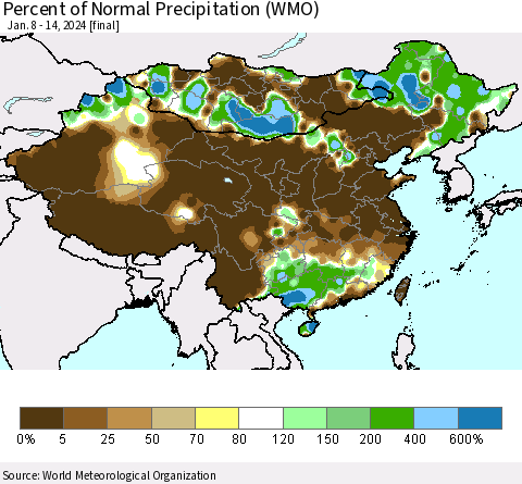 China, Mongolia and Taiwan Percent of Normal Precipitation (WMO) Thematic Map For 1/8/2024 - 1/14/2024