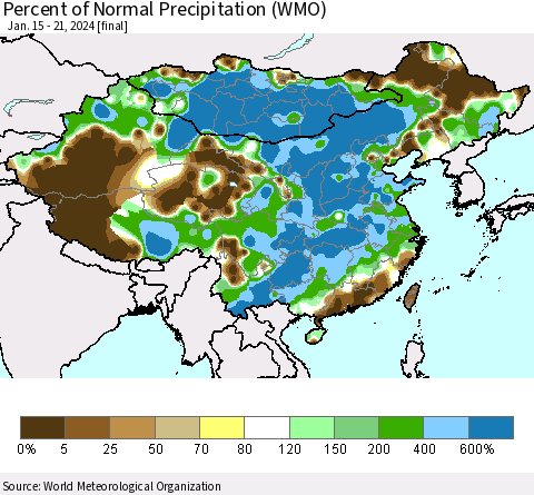 China, Mongolia and Taiwan Percent of Normal Precipitation (WMO) Thematic Map For 1/15/2024 - 1/21/2024