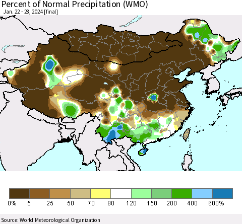 China, Mongolia and Taiwan Percent of Normal Precipitation (WMO) Thematic Map For 1/22/2024 - 1/28/2024