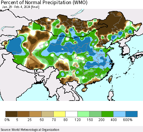 China, Mongolia and Taiwan Percent of Normal Precipitation (WMO) Thematic Map For 1/29/2024 - 2/4/2024