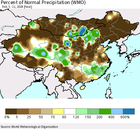 China, Mongolia and Taiwan Percent of Normal Precipitation (WMO) Thematic Map For 2/5/2024 - 2/11/2024