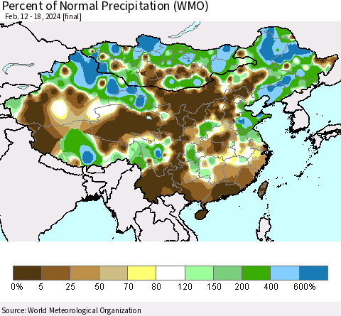 China, Mongolia and Taiwan Percent of Normal Precipitation (WMO) Thematic Map For 2/12/2024 - 2/18/2024