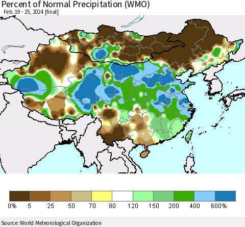 China, Mongolia and Taiwan Percent of Normal Precipitation (WMO) Thematic Map For 2/19/2024 - 2/25/2024