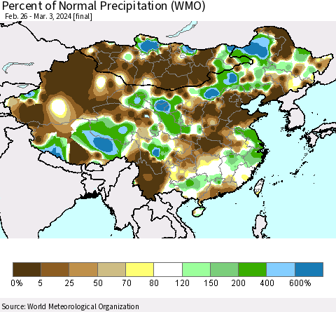 China, Mongolia and Taiwan Percent of Normal Precipitation (WMO) Thematic Map For 2/26/2024 - 3/3/2024