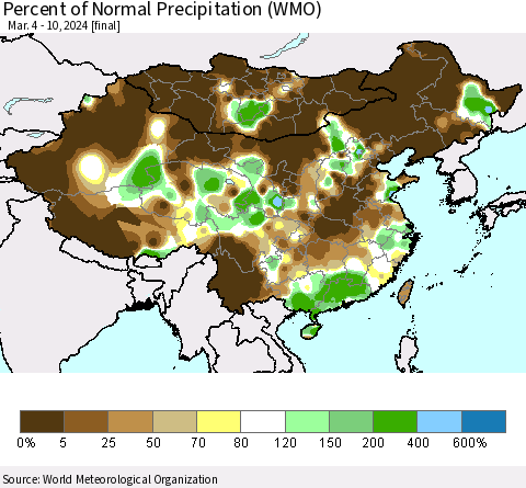 China, Mongolia and Taiwan Percent of Normal Precipitation (WMO) Thematic Map For 3/4/2024 - 3/10/2024