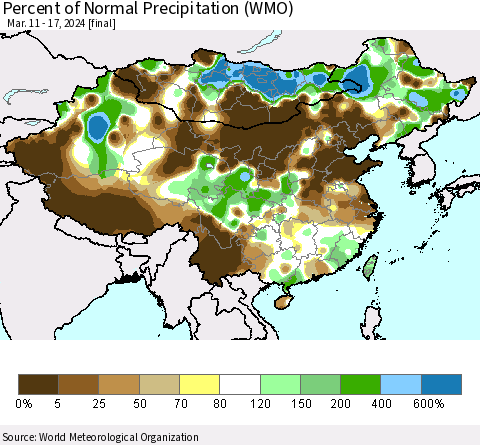 China, Mongolia and Taiwan Percent of Normal Precipitation (WMO) Thematic Map For 3/11/2024 - 3/17/2024