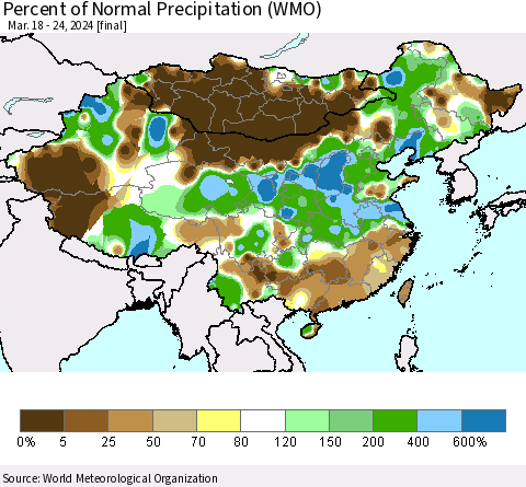 China, Mongolia and Taiwan Percent of Normal Precipitation (WMO) Thematic Map For 3/18/2024 - 3/24/2024