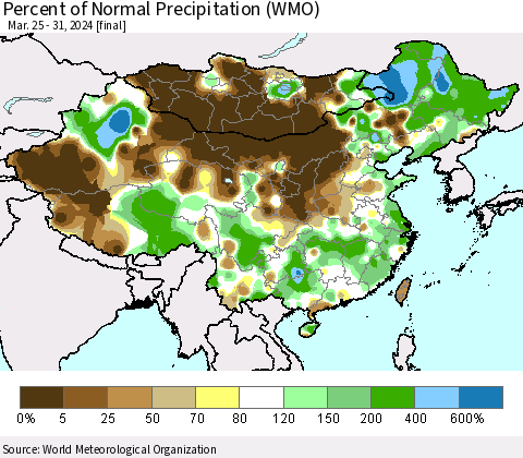 China, Mongolia and Taiwan Percent of Normal Precipitation (WMO) Thematic Map For 3/25/2024 - 3/31/2024
