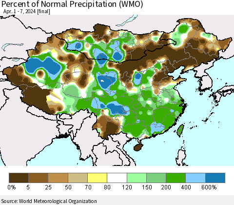 China, Mongolia and Taiwan Percent of Normal Precipitation (WMO) Thematic Map For 4/1/2024 - 4/7/2024