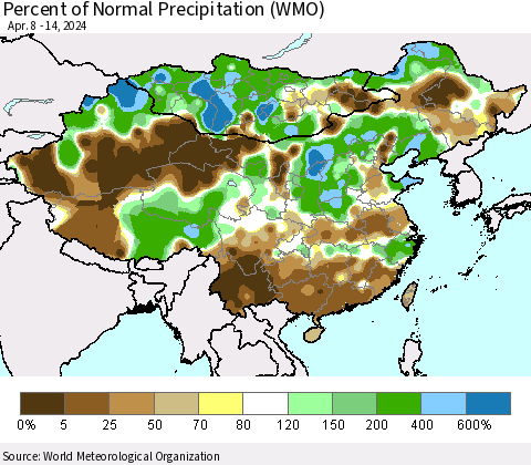 China, Mongolia and Taiwan Percent of Normal Precipitation (WMO) Thematic Map For 4/8/2024 - 4/14/2024