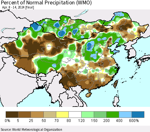 China, Mongolia and Taiwan Percent of Normal Precipitation (WMO) Thematic Map For 4/8/2024 - 4/14/2024