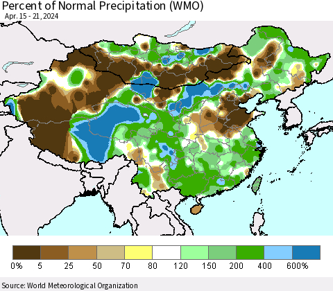 China, Mongolia and Taiwan Percent of Normal Precipitation (WMO) Thematic Map For 4/15/2024 - 4/21/2024