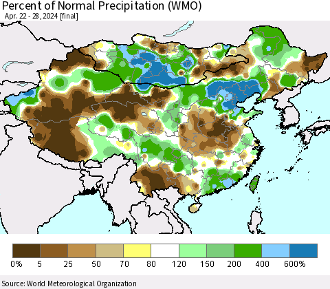 China, Mongolia and Taiwan Percent of Normal Precipitation (WMO) Thematic Map For 4/22/2024 - 4/28/2024