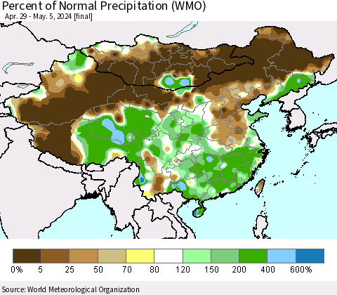 China, Mongolia and Taiwan Percent of Normal Precipitation (WMO) Thematic Map For 4/29/2024 - 5/5/2024