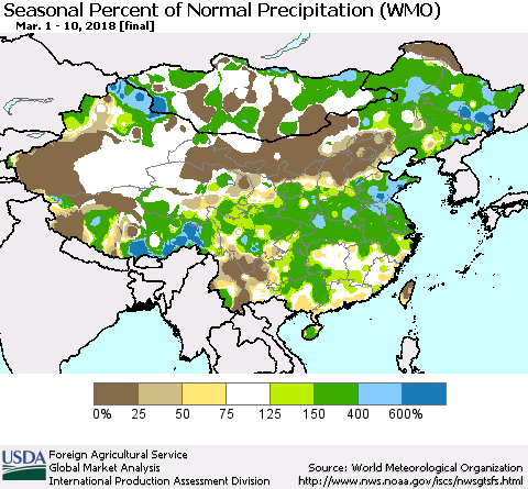 China, Mongolia and Taiwan Seasonal Percent of Normal Precipitation (WMO) Thematic Map For 3/1/2018 - 3/10/2018