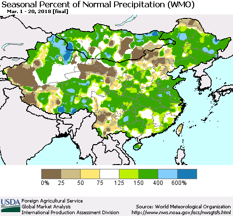 China, Mongolia and Taiwan Seasonal Percent of Normal Precipitation (WMO) Thematic Map For 3/1/2018 - 3/20/2018