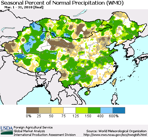 China, Mongolia and Taiwan Seasonal Percent of Normal Precipitation (WMO) Thematic Map For 3/1/2018 - 3/31/2018