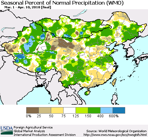 China, Mongolia and Taiwan Seasonal Percent of Normal Precipitation (WMO) Thematic Map For 3/1/2018 - 4/10/2018