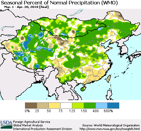 China, Mongolia and Taiwan Seasonal Percent of Normal Precipitation (WMO) Thematic Map For 3/1/2018 - 4/20/2018