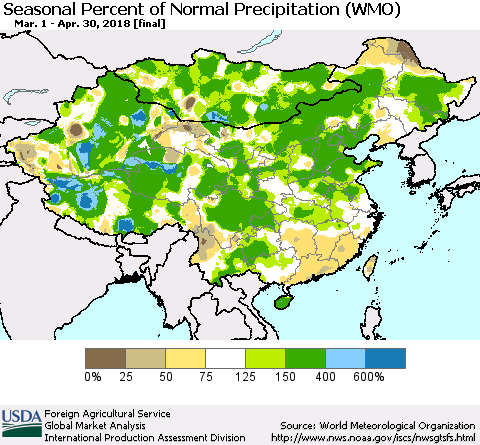 China, Mongolia and Taiwan Seasonal Percent of Normal Precipitation (WMO) Thematic Map For 3/1/2018 - 4/30/2018