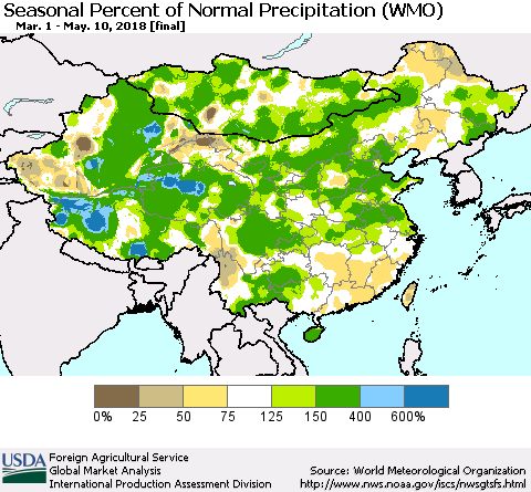 China, Mongolia and Taiwan Seasonal Percent of Normal Precipitation (WMO) Thematic Map For 3/1/2018 - 5/10/2018