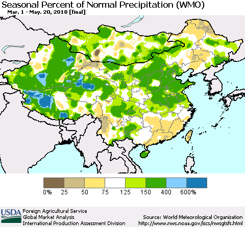 China, Mongolia and Taiwan Seasonal Percent of Normal Precipitation (WMO) Thematic Map For 3/1/2018 - 5/20/2018