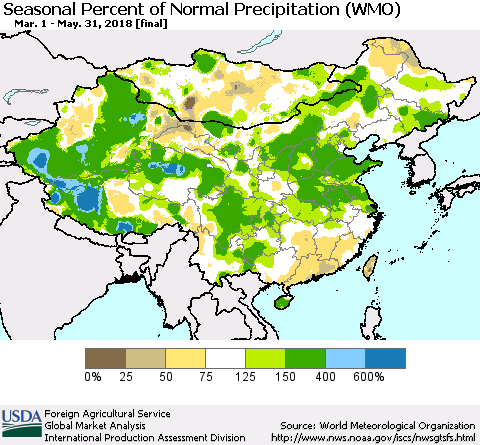 China, Mongolia and Taiwan Seasonal Percent of Normal Precipitation (WMO) Thematic Map For 3/1/2018 - 5/31/2018