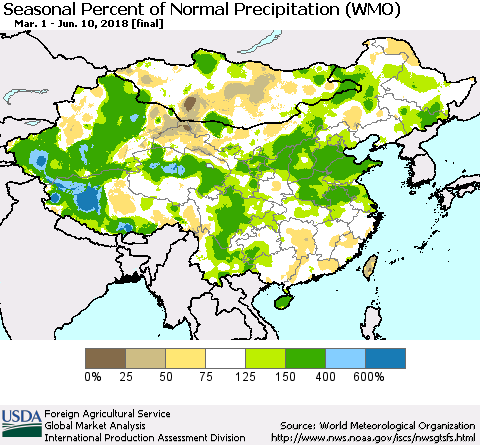China, Mongolia and Taiwan Seasonal Percent of Normal Precipitation (WMO) Thematic Map For 3/1/2018 - 6/10/2018