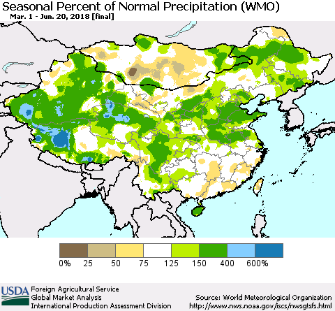 China, Mongolia and Taiwan Seasonal Percent of Normal Precipitation (WMO) Thematic Map For 3/1/2018 - 6/20/2018