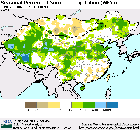 China, Mongolia and Taiwan Seasonal Percent of Normal Precipitation (WMO) Thematic Map For 3/1/2018 - 6/30/2018
