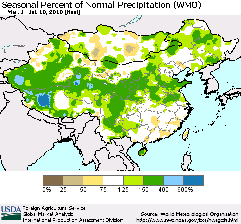 China, Mongolia and Taiwan Seasonal Percent of Normal Precipitation (WMO) Thematic Map For 3/1/2018 - 7/10/2018