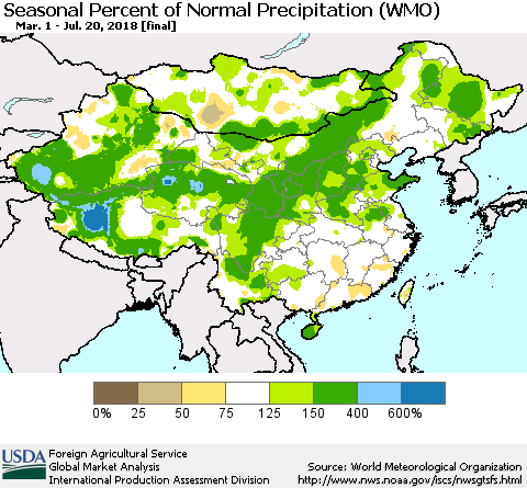 China, Mongolia and Taiwan Seasonal Percent of Normal Precipitation (WMO) Thematic Map For 3/1/2018 - 7/20/2018
