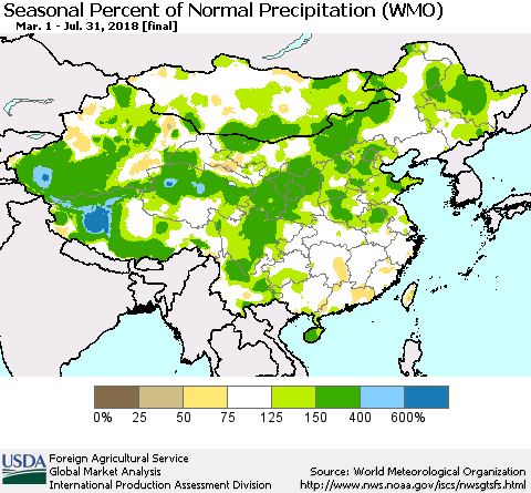 China, Mongolia and Taiwan Seasonal Percent of Normal Precipitation (WMO) Thematic Map For 3/1/2018 - 7/31/2018