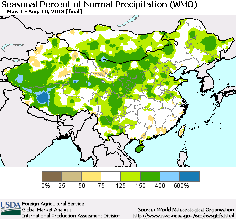 China, Mongolia and Taiwan Seasonal Percent of Normal Precipitation (WMO) Thematic Map For 3/1/2018 - 8/10/2018