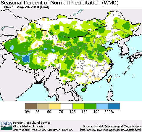 China, Mongolia and Taiwan Seasonal Percent of Normal Precipitation (WMO) Thematic Map For 3/1/2018 - 8/20/2018