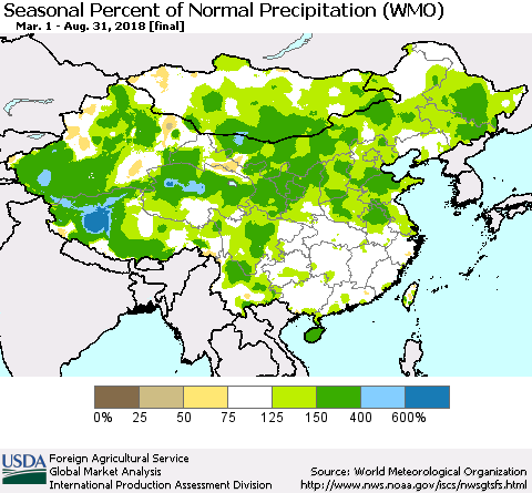 China, Mongolia and Taiwan Seasonal Percent of Normal Precipitation (WMO) Thematic Map For 3/1/2018 - 8/31/2018