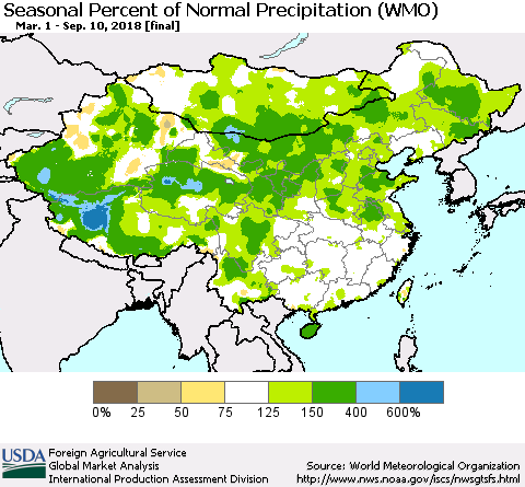 China, Mongolia and Taiwan Seasonal Percent of Normal Precipitation (WMO) Thematic Map For 3/1/2018 - 9/10/2018