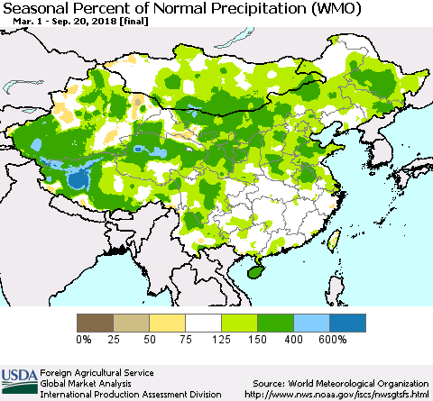 China, Mongolia and Taiwan Seasonal Percent of Normal Precipitation (WMO) Thematic Map For 3/1/2018 - 9/20/2018