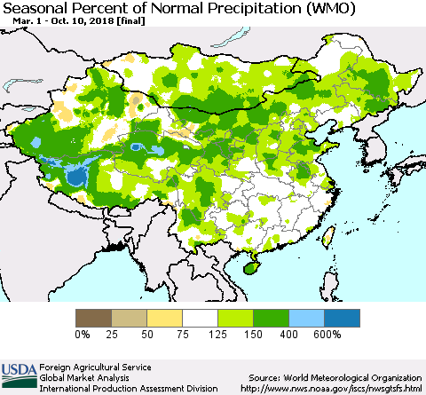 China, Mongolia and Taiwan Seasonal Percent of Normal Precipitation (WMO) Thematic Map For 3/1/2018 - 10/10/2018